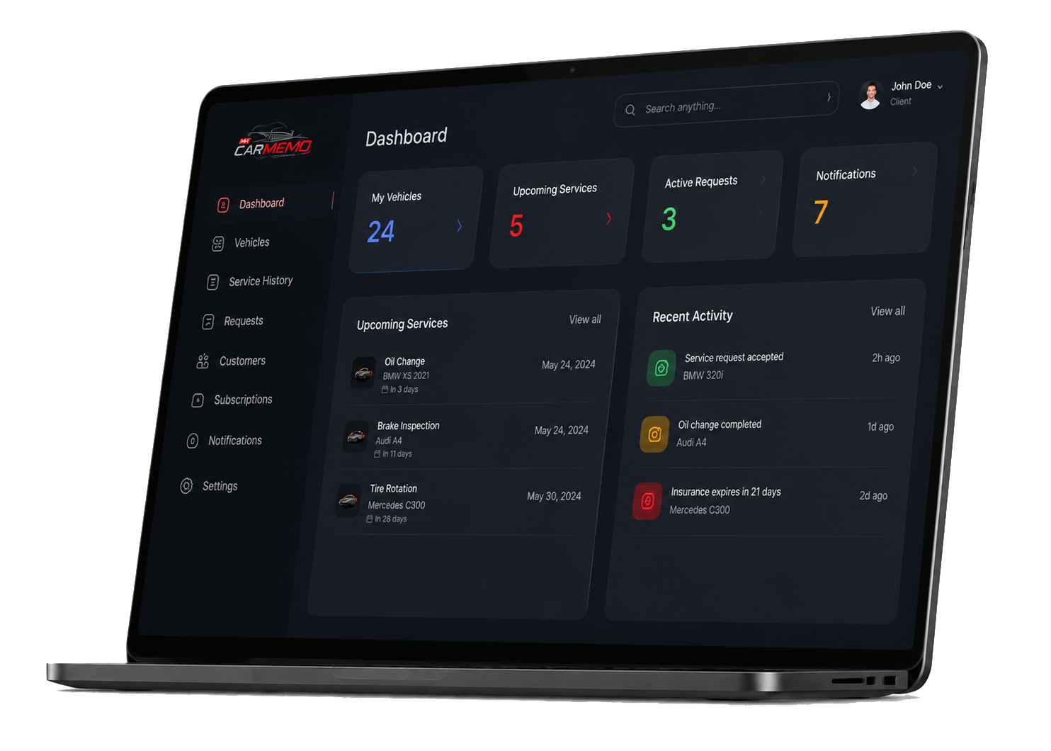 Таблото на MyCarMemo върху лаптоп
